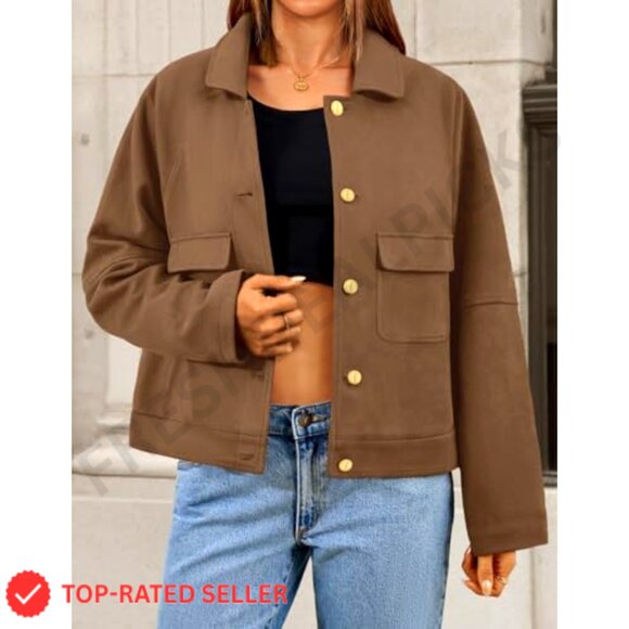 Faux Suede Cropped Jacket Casual Button Down Vintage Chic Y2K Trendy Shacket - Picture 2 of 6